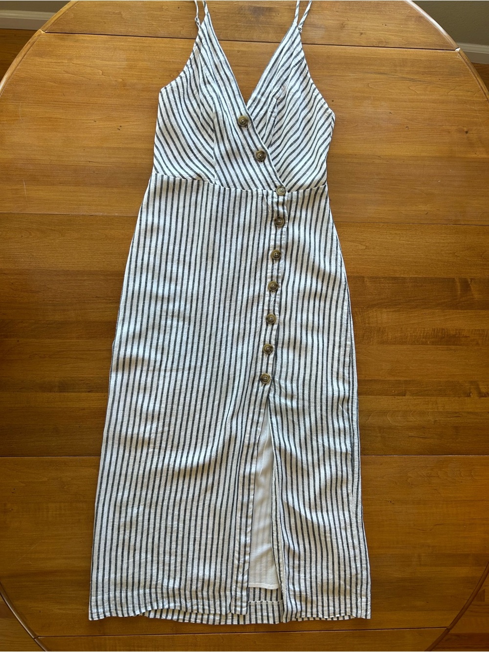 Urban Outfitters White and Black Striped Linen Midi Button Dress